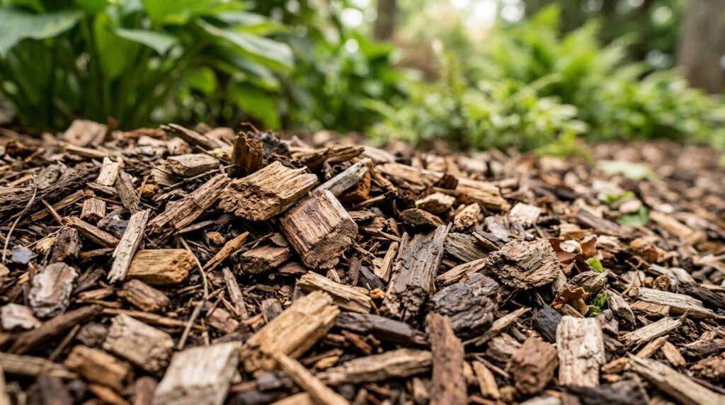 Close-up detail shot of quality wood chips mulch texture in 
