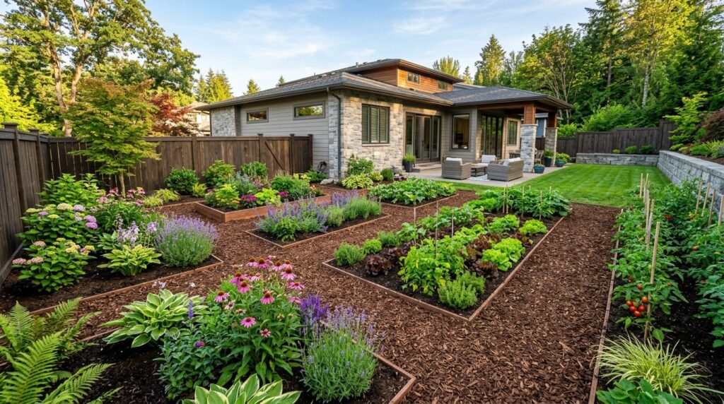 Wide shot of a well-maintained residential garden with wood 