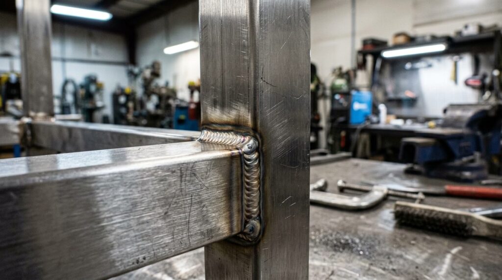 Detalje af svejsninger på specialfremstillet metalmøbel.
