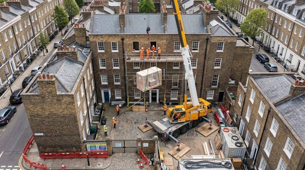 Aerial view of a mobile crane positioned in a confined court