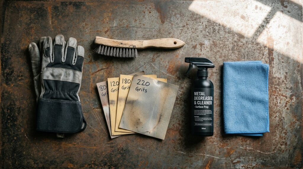 Overhead flat lay of metal surface preparation tools and mat