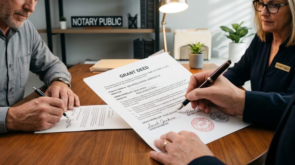 Close-up of hands signing real estate deed document at notar
