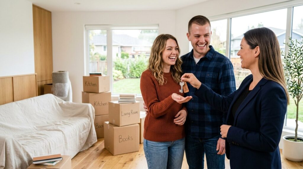 Happy couple receiving house keys from real estate agent in 
