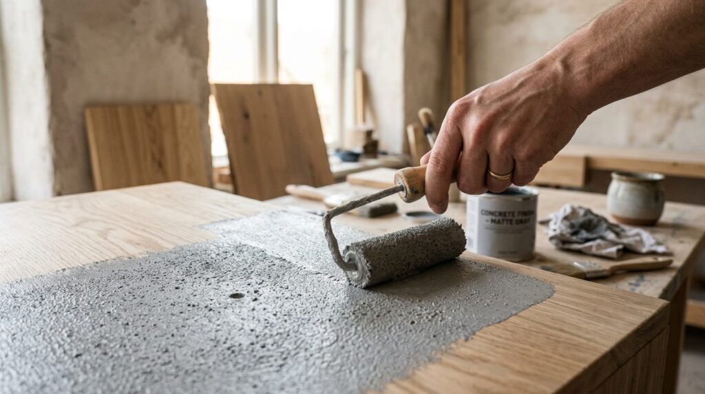 Close-up detail shot of hand applying concrete gray matte pa