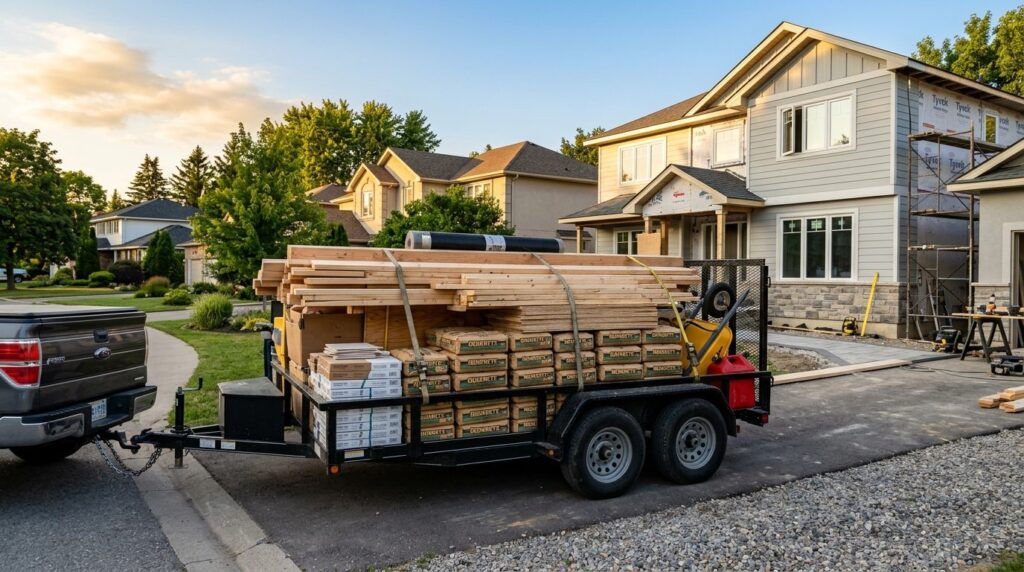 Wide-angle photorealistic image of a fully loaded utility tr