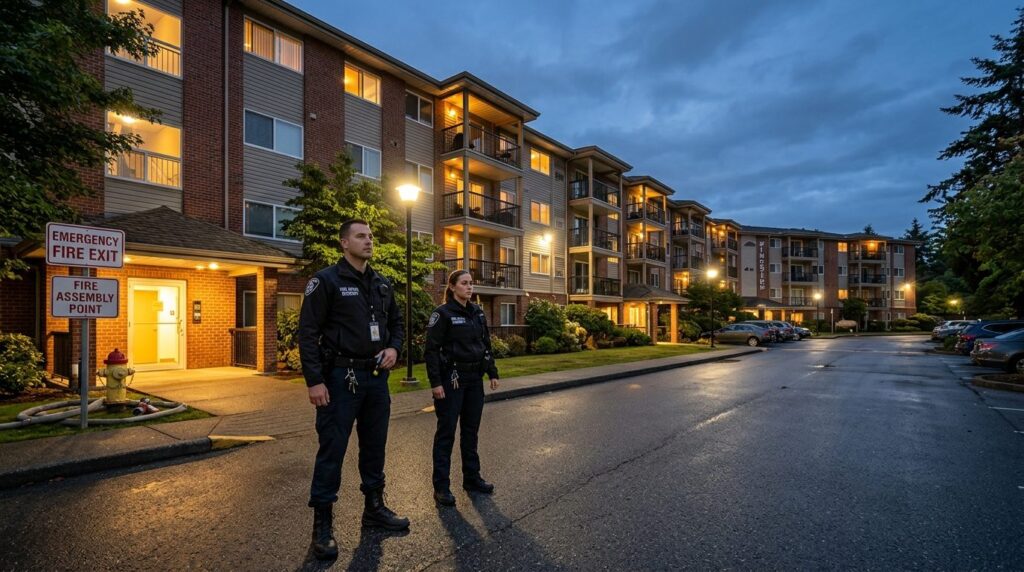 Wide shot of a residential apartment building exterior at du