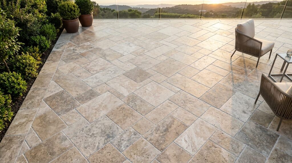 Clean outdoor terrace tiles photographed from above at golde