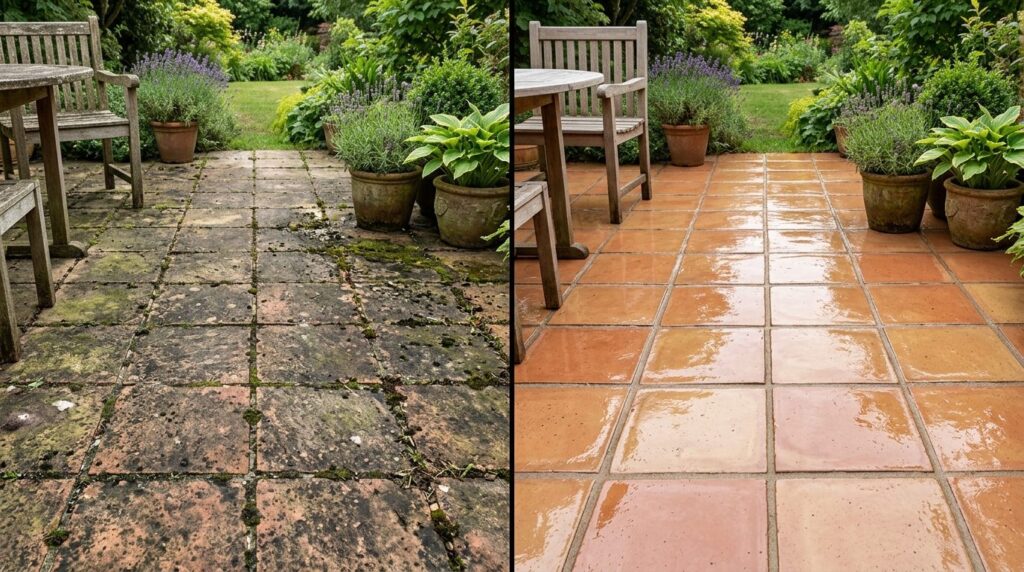 Before and after style split-screen composition: left side s