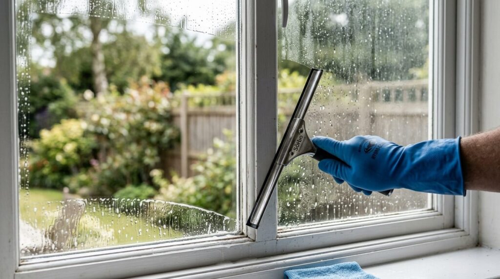 Close-up detail shot of a professional window cleaning in pr