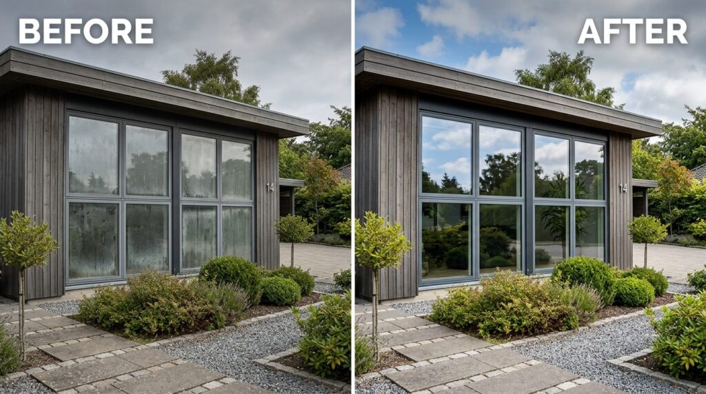 Before and after split-screen style composition of a homes