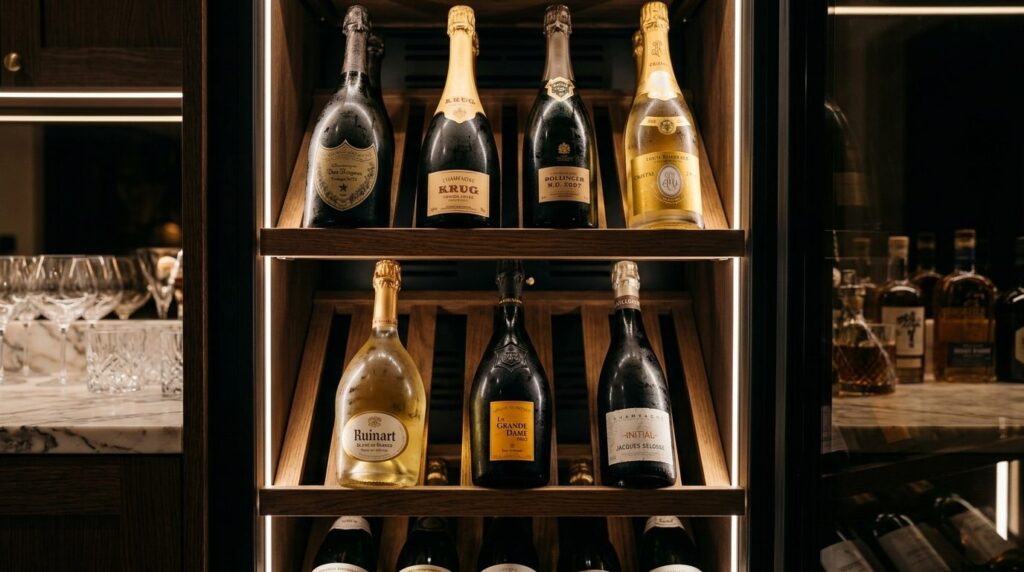 Close-up of a curated champagne collection displayed in a ho