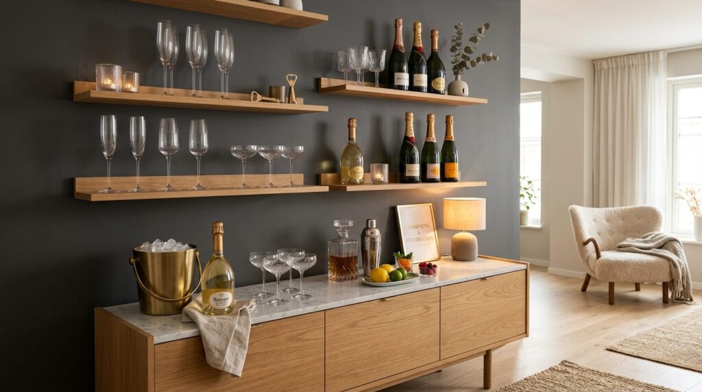Stylish home champagne bar corner with elegant glassware, ch