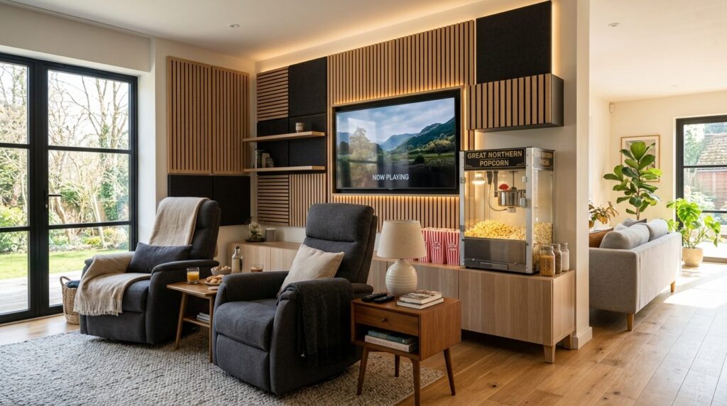 Wide angle view of a sophisticated home theater corner in a