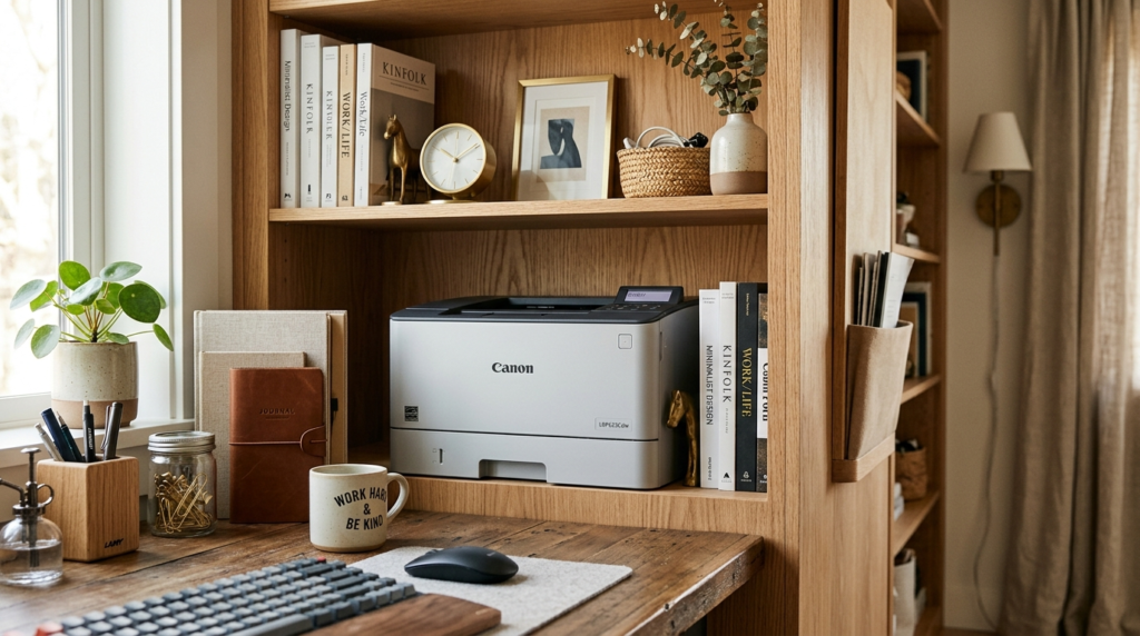 Close-up detail shot of a contemporary home office corner fe