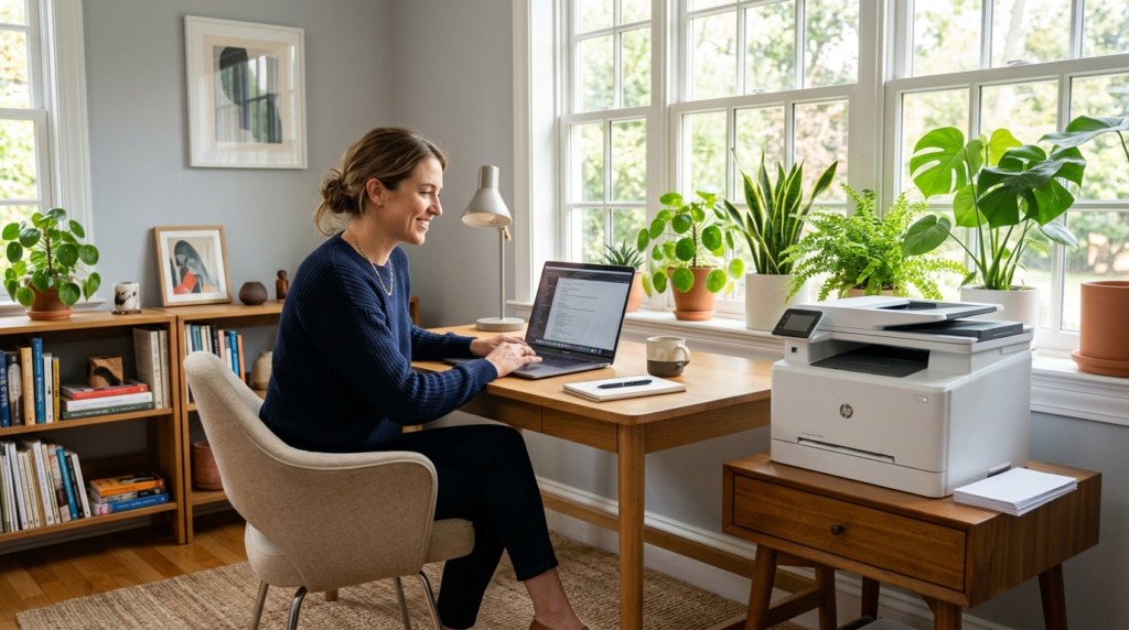 Bright and airy hybrid workspace at home showing a professio