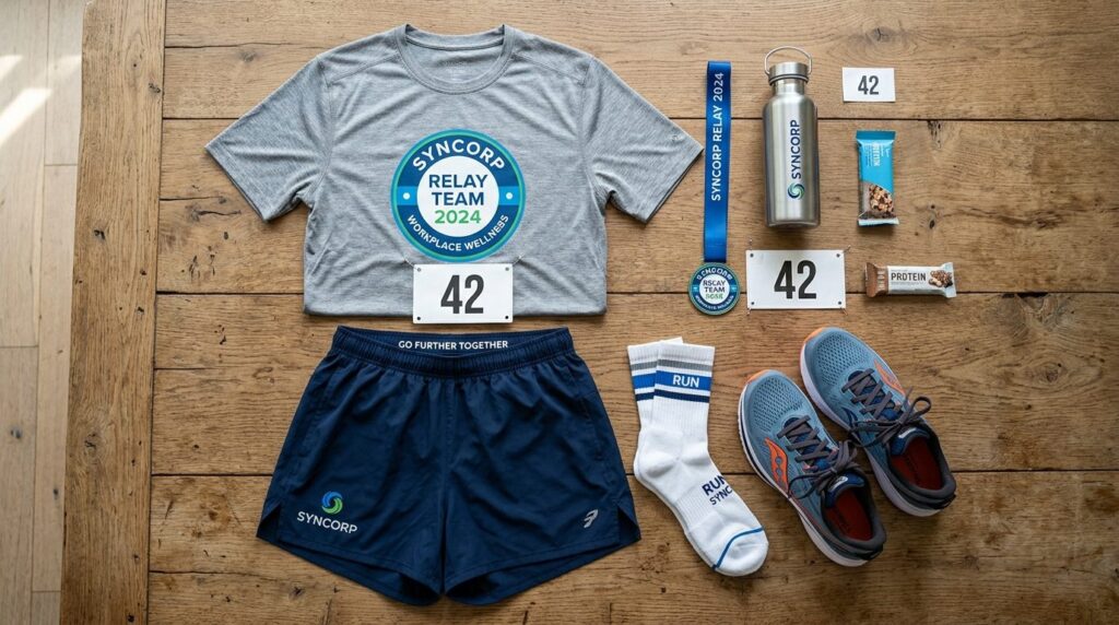Overhead flat lay of complete corporate relay team outfit: c