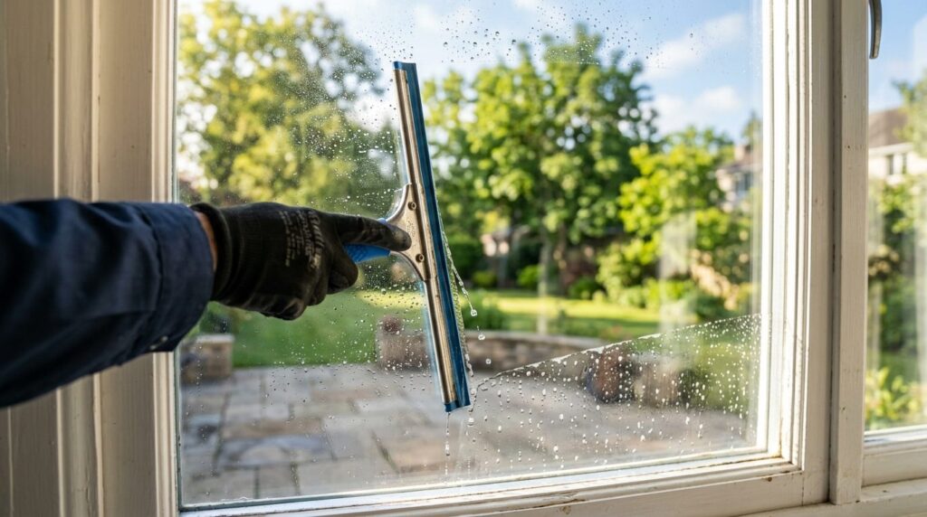 Close-up detail shot of a professional window cleaners sque