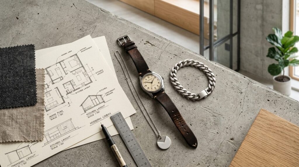 Close-up overhead flat lay of premium mens accessories arra