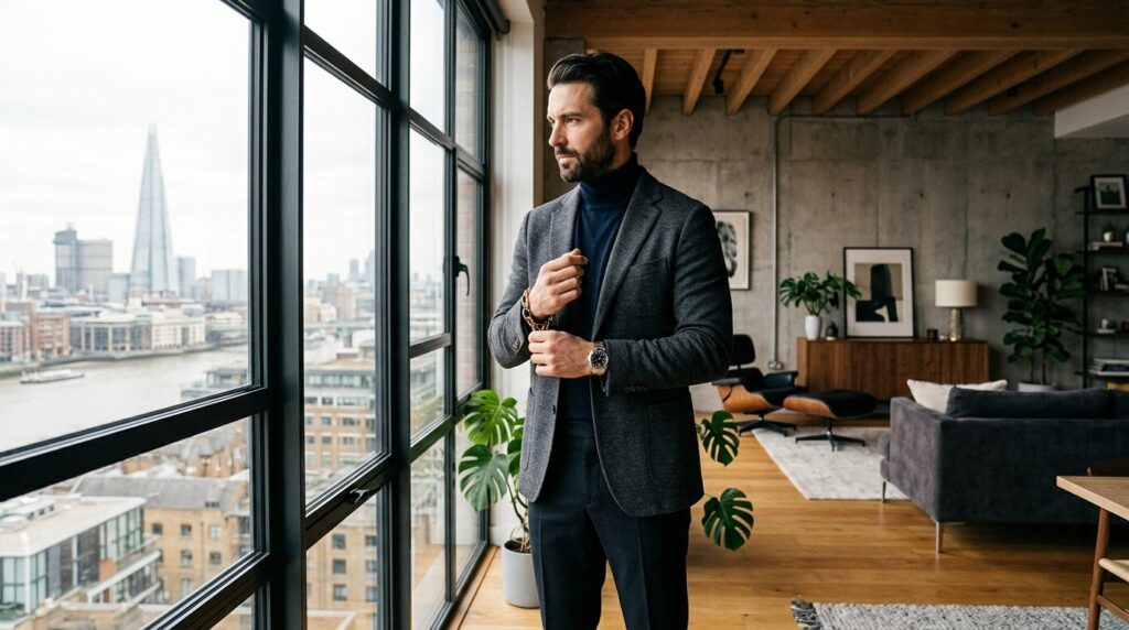 A well-dressed man in his modern apartment standing by a flo