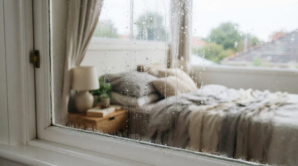 Condensation droplets on a bedroom window pane during mornin