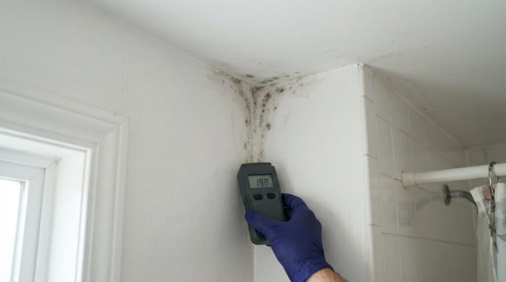 Early signs of mold and dampness on a corner wall where ceil
