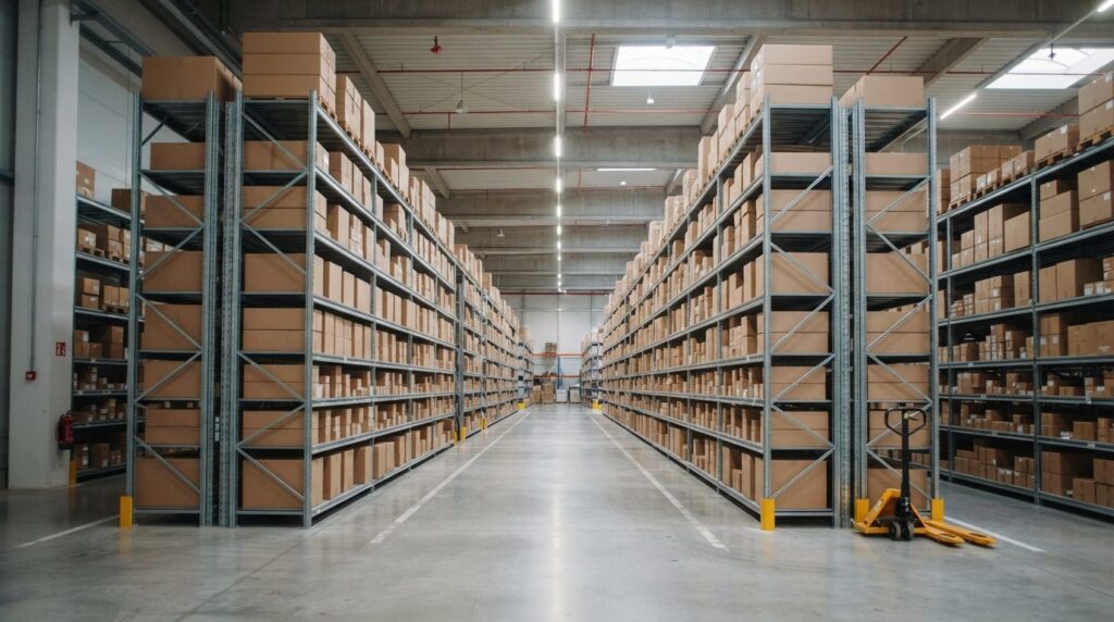 Wide shot of organized warehouse or storage room with neatly