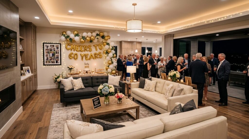 Wide angle view of a modern living room prepared for a 50th