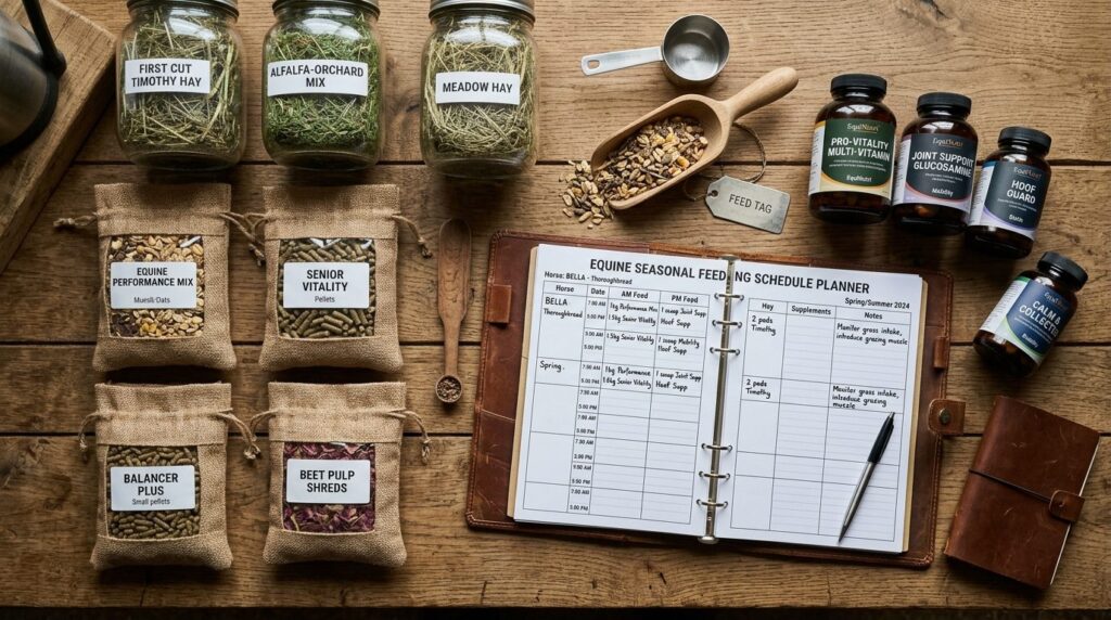 Realistic overhead flat lay composition of premium horse fee