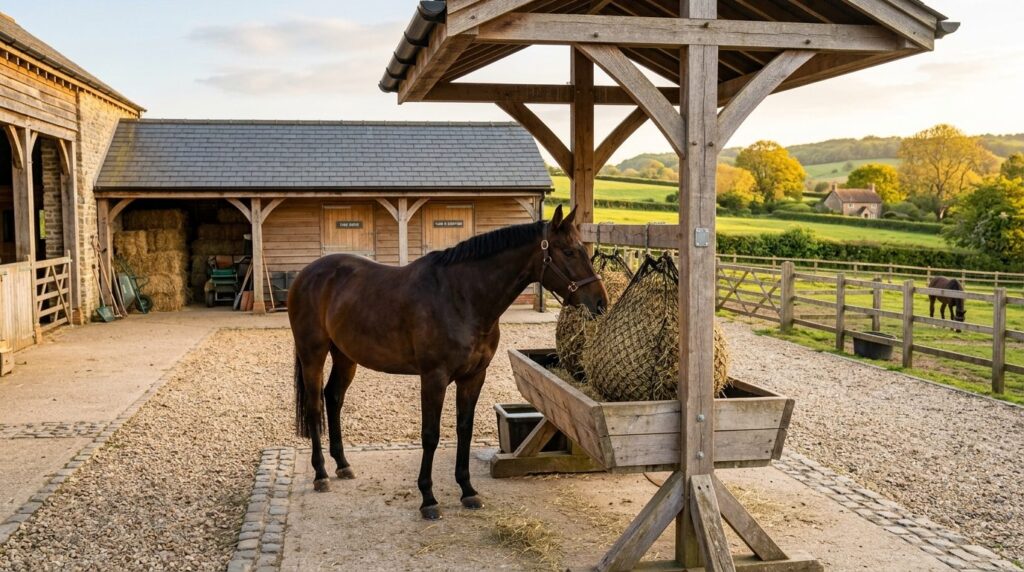 Serene photorealistic image of a well-maintained stable yard