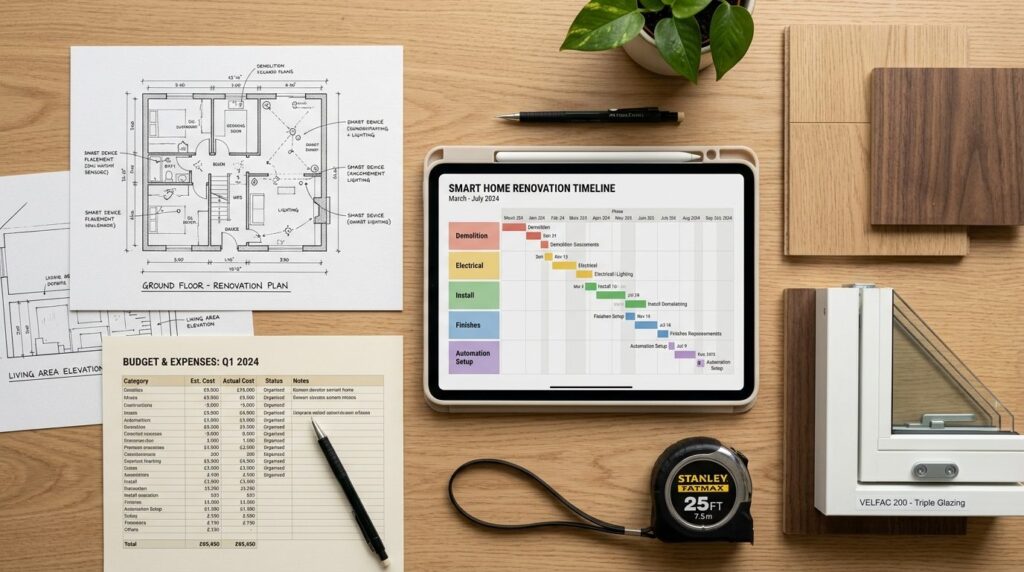 Overhead flat lay of smart home renovation planning material