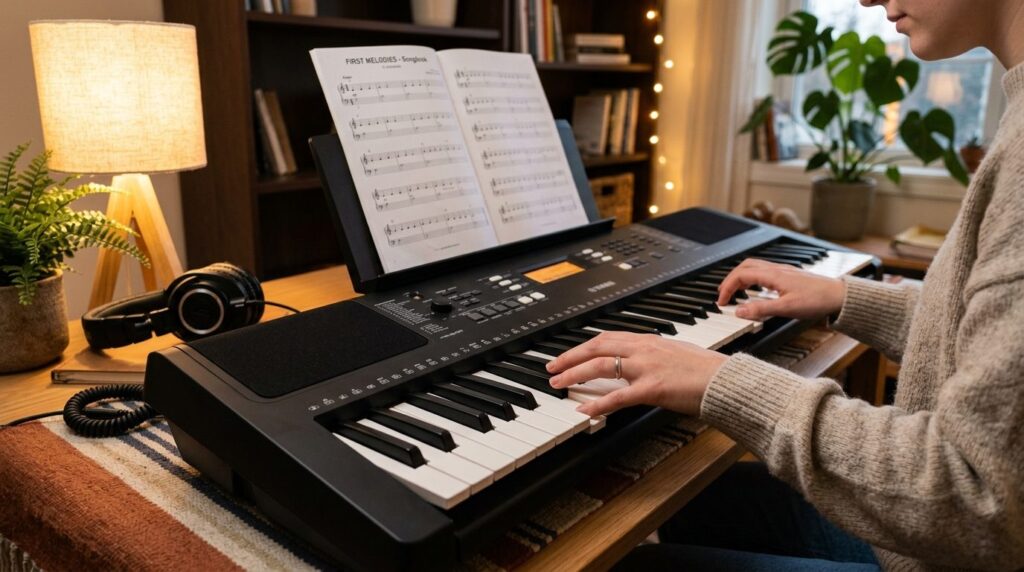 Close-up lifestyle photograph of a beginner musicians hands