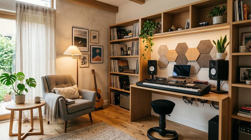 Stylish residential music studio corner featuring a contempo