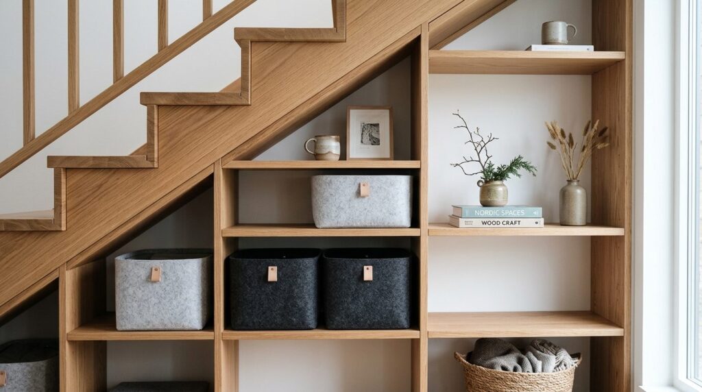Close-up detail shot of precision-cut wooden shelves and sto