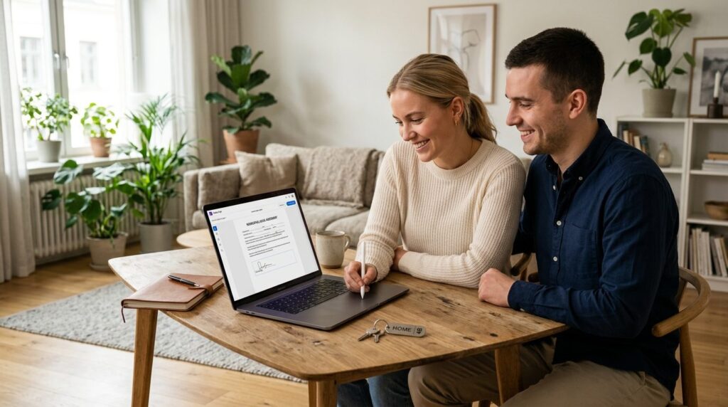 Photorealistic image of a young couple reviewing and digital