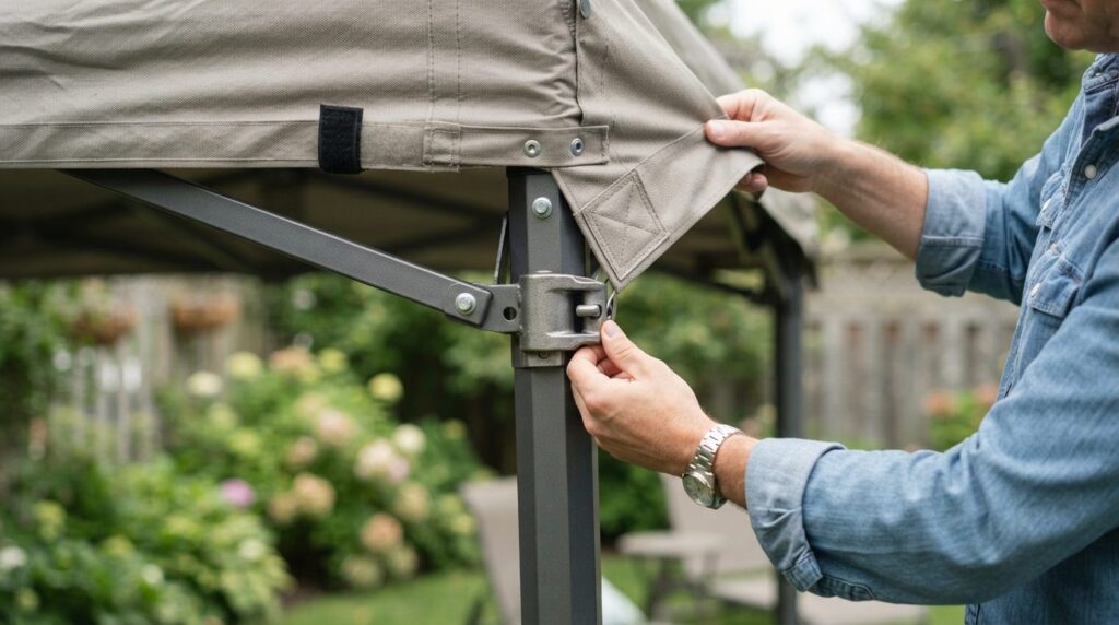 Close-up detail shot of a robust pop-up tent frame and canop