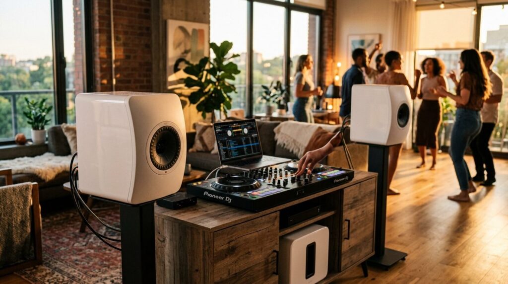 Close-up of a professional sound system and speaker setup in