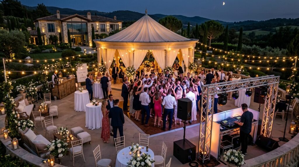 Overhead view of an upscale garden pavilion hosting an outdo