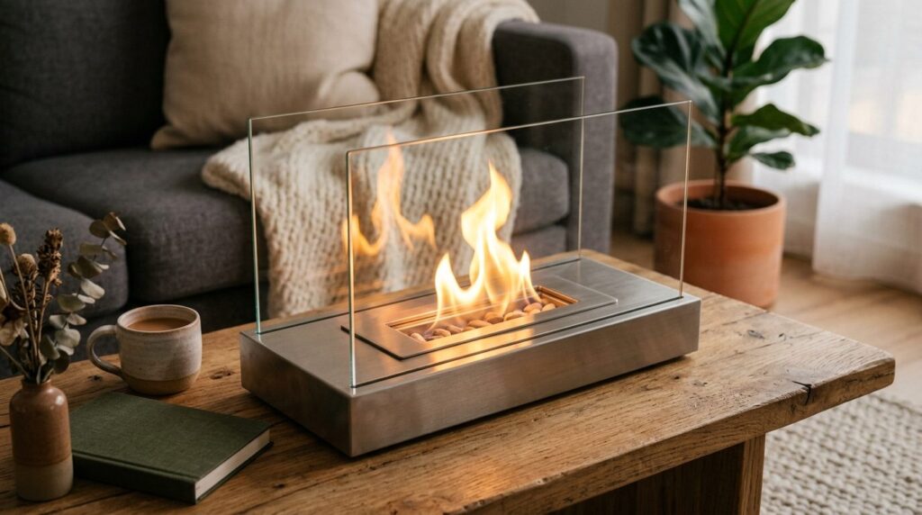 Close-up detail shot of a tabletop bio fireplace with real f