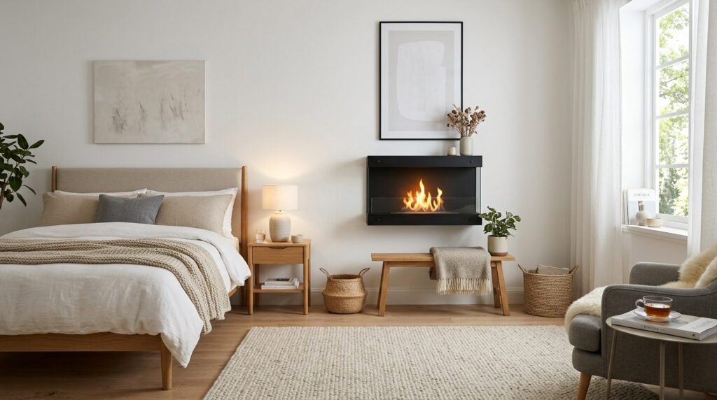 Bright Scandinavian bedroom interior with a compact wall-mou