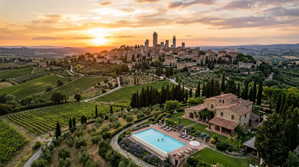 Aerial view of San Gimignano stone medieval towers with priv