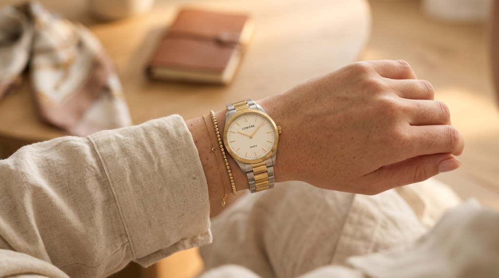 Close-up detail shot of a luxury womens watch on a womans