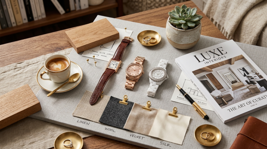 Flatlay composition of luxury womens watches and lifestyle