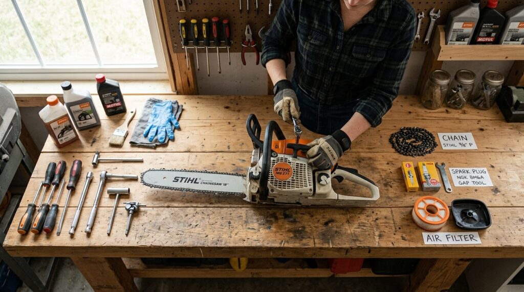 Detailed overhead shot of a well-maintained chainsaw being s