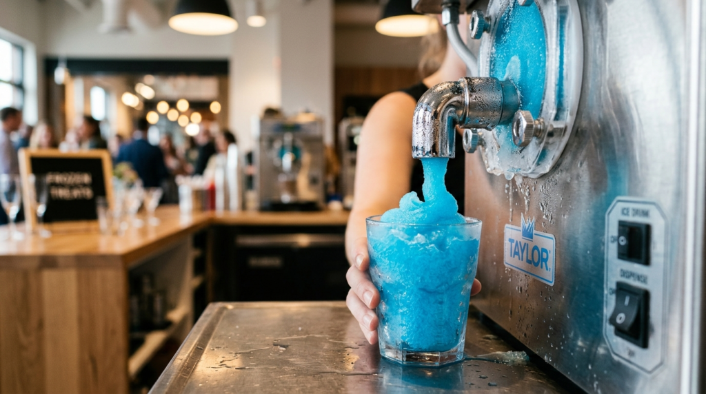 Close-up detail shot of a professional-grade slush ice machi