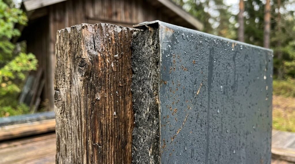 Close-up detail shot of weathered outdoor shed door material