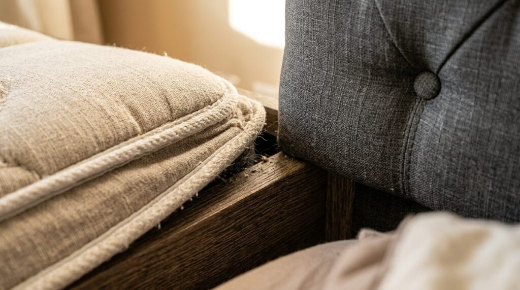 Professional close-up photograph of a bed mattress seam and